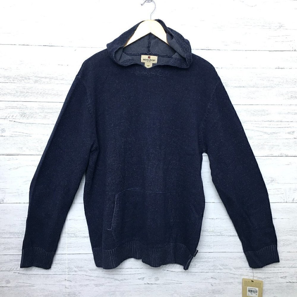 NEW Woolrich Men's Navy Blue Sweater Cotton Blend Hawk Run Hoodie Pullover Large